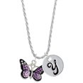 thumbnail image 1 of Delight Jewelry Silvertone Large Purple Butterfly with 6 AB Crystals Silvertone Script Initial Disc - Y - Charm Necklace, 20"+3", 1 of 4
