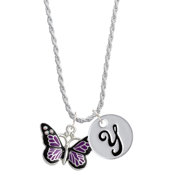 Delight Jewelry Silvertone Large Purple Butterfly with 6 AB Crystals Silvertone Script Initial Disc - Y - Charm Necklace, 20"+3"