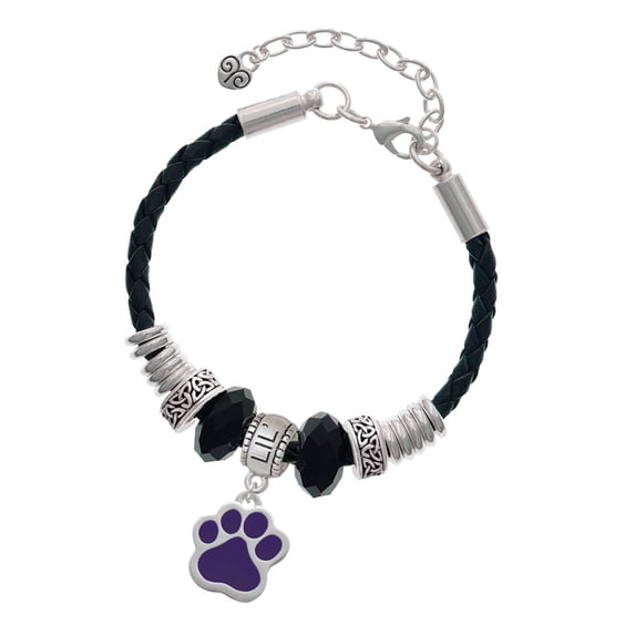 Delight Jewelry Silvertone Large Purple Paw Middle Sister Celtic Knot Leather Bead Bracelet, 7"+2" Extender