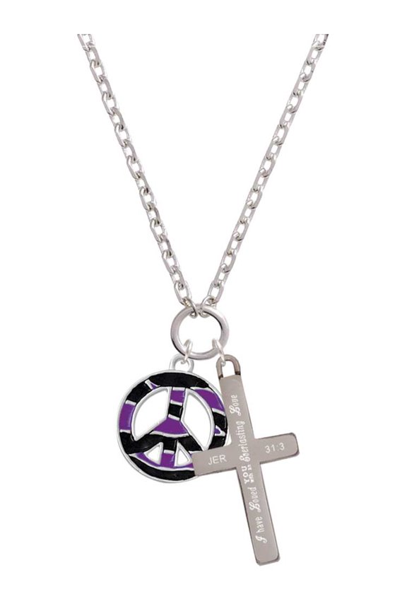 Silvertone Large Purple Tiger Print Peace Sign Everlasting Love Engraved Cross Zoey Necklace, 28"