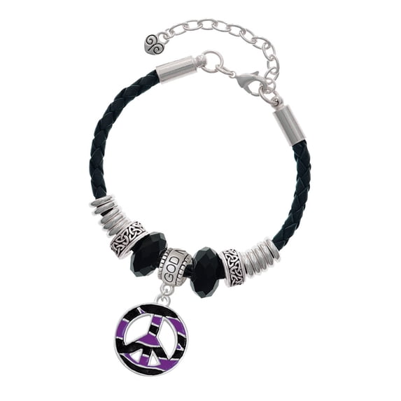 Delight Jewelry Silvertone Large Purple Tiger Print Peace Sign Godmother Celtic Knot Leather Bead Bracelet, 7"+2" Extender