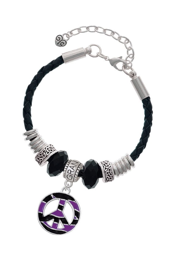 Silvertone Large Purple Tiger Print Peace Sign Grandmother Celtic Knot Leather Bead Bracelet, 7"+2" Extender