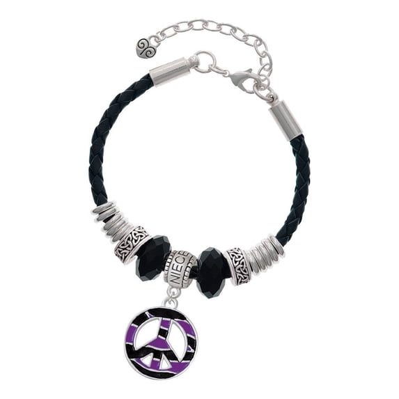 Delight Jewelry Silvertone Large Purple Tiger Print Peace Sign Niece Celtic Knot Leather Bead Bracelet, 7"+2" Extender
