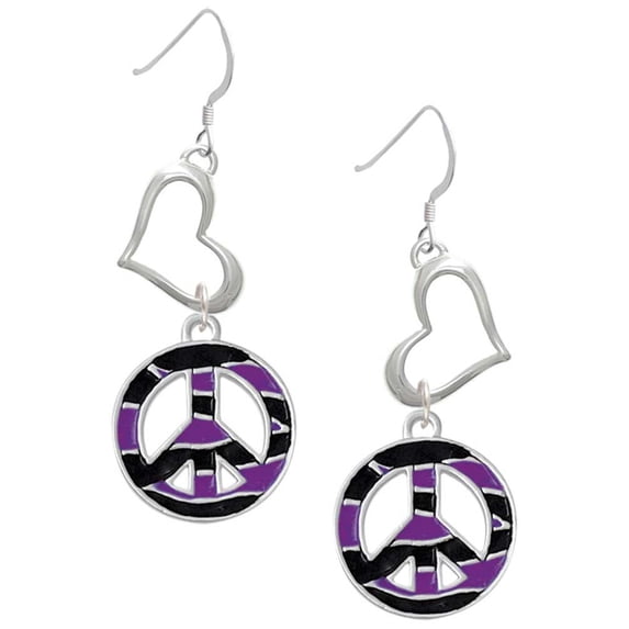 Delight Jewelry Silvertone Large Purple Tiger Print Peace Sign Open Heart French Earrings