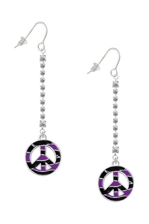Silvertone Large Purple Tiger Print Peace Sign - Silver-tone Long Sparkle Dangle French Earrings