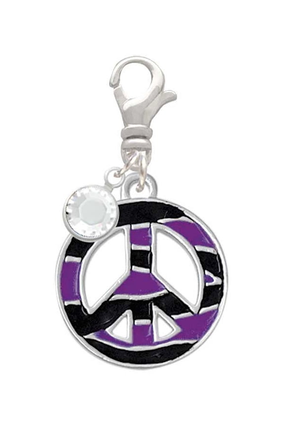 Silvertone Large Purple Tiger Print Peace Sign - Silvertone Clip on Charm with Clear Crystal Drop