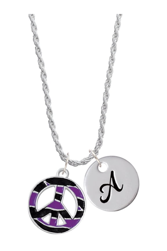 Silvertone Large Purple Tiger Print Peace Sign Silvertone Script Initial Disc - A - Charm Necklace, 20"+3"