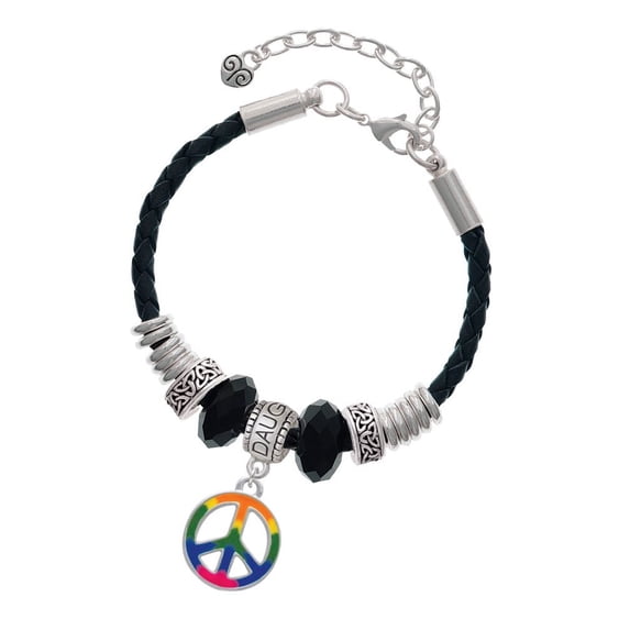 Delight Jewelry Silvertone Large Rainbow Colored Peace Sign Daughter Celtic Knot Leather Bead Bracelet, 7"+2" Extender