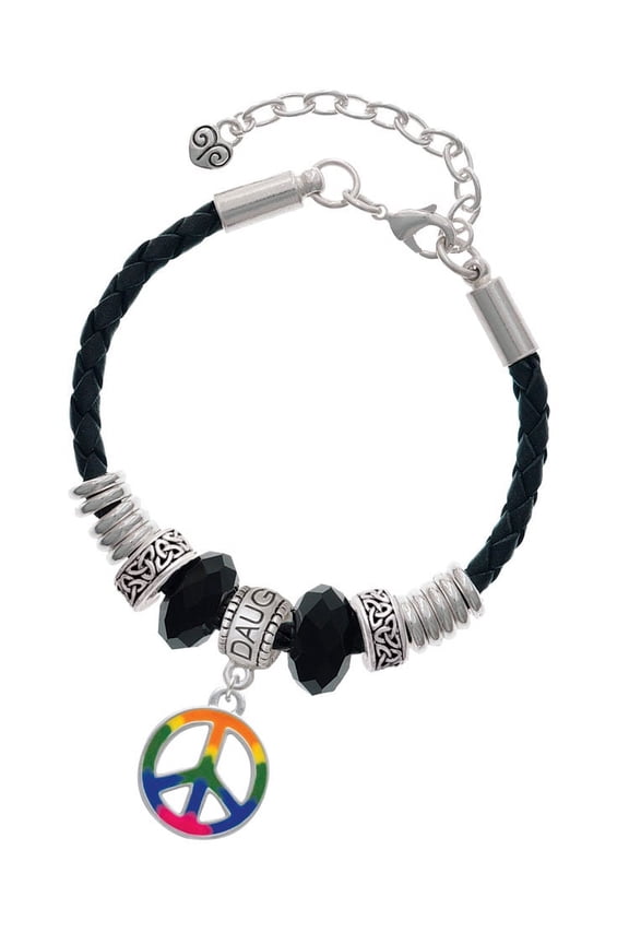 Silvertone Large Rainbow Colored Peace Sign Daughter Celtic Knot Leather Bead Bracelet, 7"+2" Extender