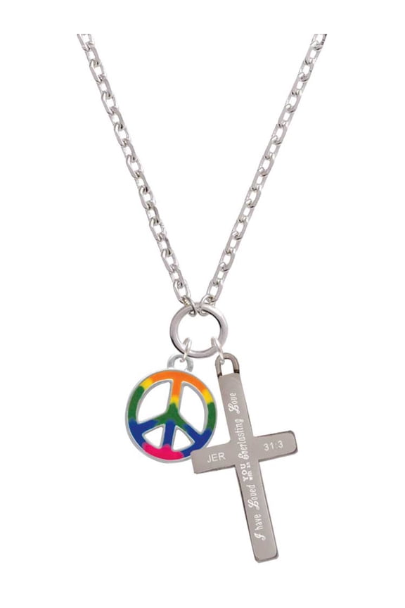 Silvertone Large Rainbow Colored Peace Sign Everlasting Love Engraved Cross Zoey Necklace, 28"