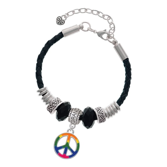 Delight Jewelry Silvertone Large Rainbow Colored Peace Sign Granddaughter Celtic Knot Leather Bead Bracelet, 7"+2" Extender