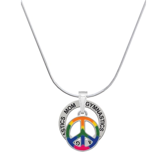 Delight Jewelry Silvertone Large Rainbow Colored Peace Sign Gymnastics Mom Ring Charm Necklace, 18"