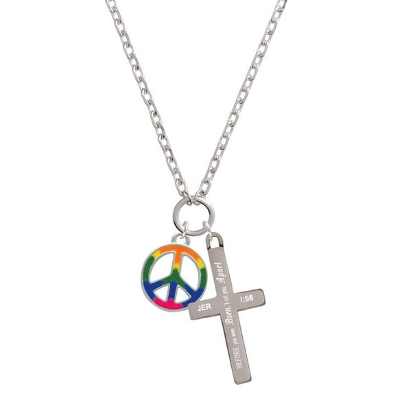 Delight Jewelry Silvertone Large Rainbow Colored Peace Sign I Set You Apart Engraved Cross Zoey Necklace, 28"