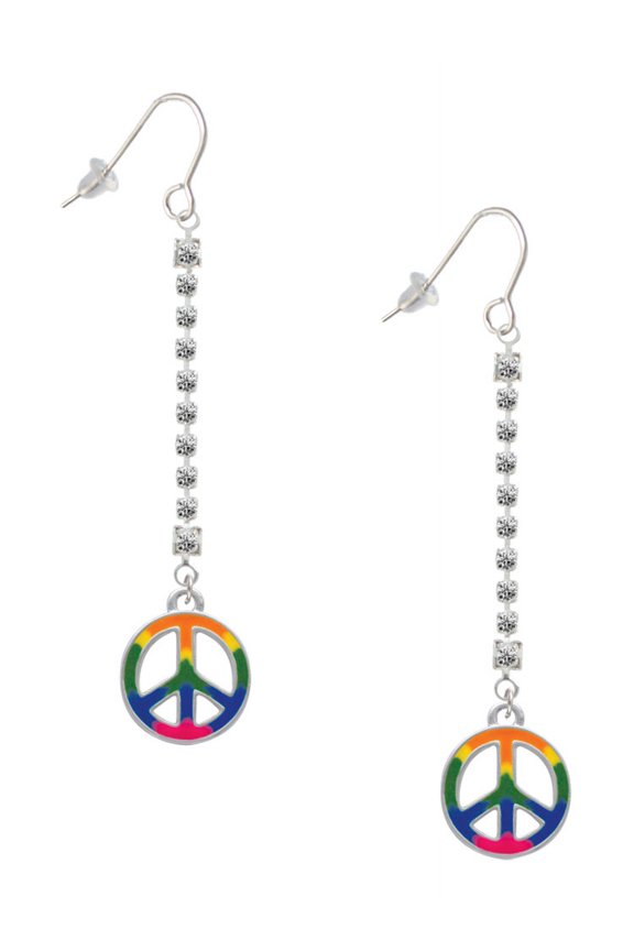 Silvertone Large Rainbow Colored Peace Sign - Silver-tone Long Sparkle Dangle French Earrings