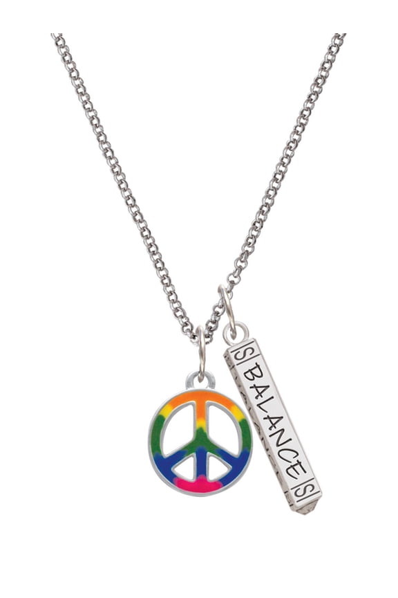 Silvertone Large Rainbow Colored Peace Sign Silvertone Balance Bar Charm Necklace, 23"