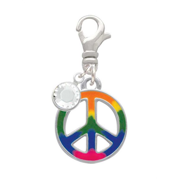 Delight Jewelry Silvertone Large Rainbow Colored Peace Sign - Silvertone Clip on Charm with Clear Crystal Drop