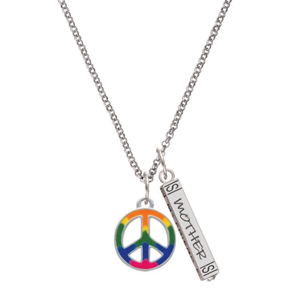 Delight Jewelry Silvertone Large Rainbow Colored Peace Sign Silvertone Mother Daughter Bar Charm Necklace, 23"