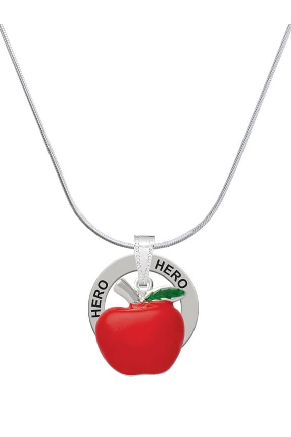 Silvertone Large Red Apple Hero Ring Charm Necklace, 18"