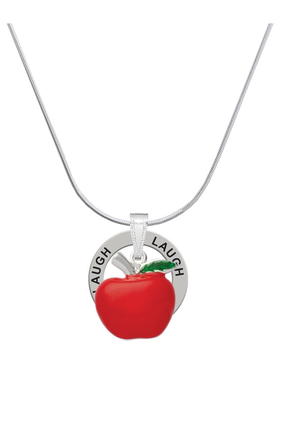 Silvertone Large Red Apple Laugh Ring Charm Necklace, 18"