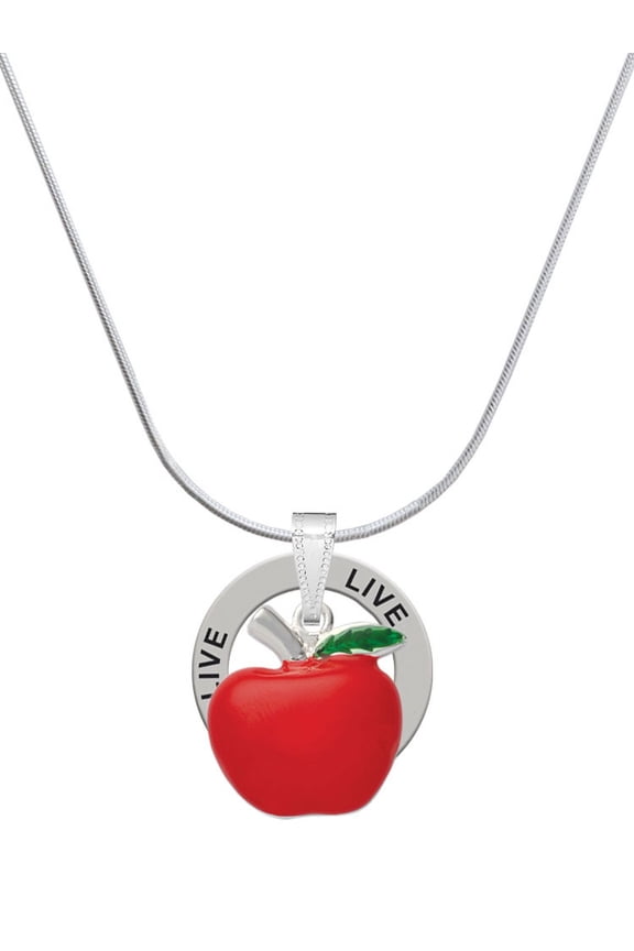 Silvertone Large Red Apple Live Ring Charm Necklace, 18"