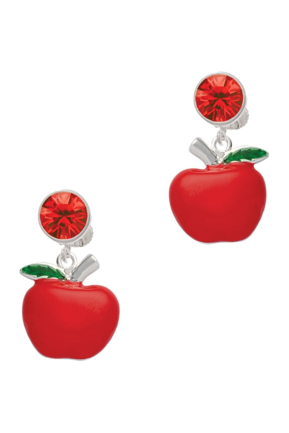 Silvertone Large Red Apple Red Crystal Clip on Earrings