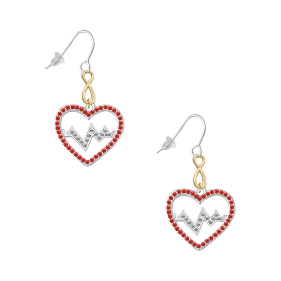 Delight Jewelry Silvertone Large Red Crystal Heart with Clear Heartbeat Gold Tone Infinity French Earrings