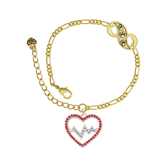 Delight Jewelry Silvertone Large Red Crystal Heart with Clear Heartbeat Gold-tone Paw Infinity Link Chain Bracelet, 6"+2" Extender