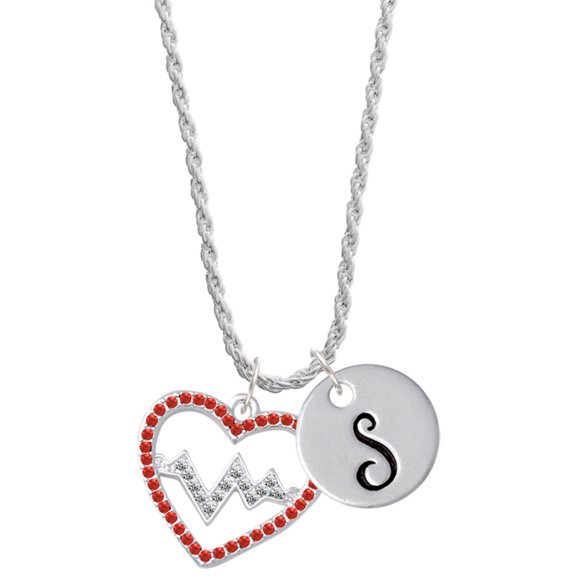 Delight Jewelry Silvertone Large Red Crystal Heart with Clear Heartbeat Silvertone Script Initial Disc - S - Charm Necklace, 20"+3"