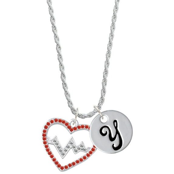Delight Jewelry Silvertone Large Red Crystal Heart with Clear Heartbeat Silvertone Script Initial Disc - Y - Charm Necklace, 20"+3"