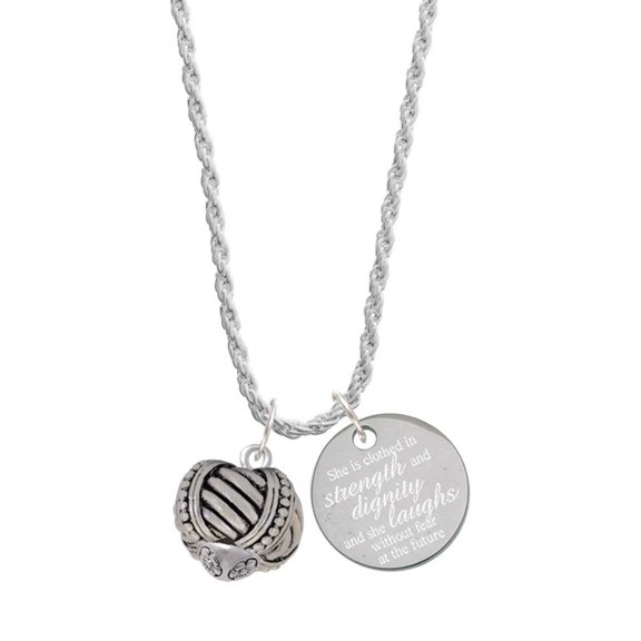Delight Jewelry Silvertone Large Rope with Cross Spinner She is Clothed in Stength and Dignity Charm Necklace, 20"+3"
