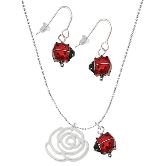 Delight Jewelry Silvertone Large Rose Outline Red Lucky Ladybug Necklace and Dangle Earrings Set