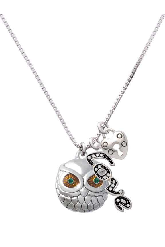 Silvertone Large Round Owl with Green Crystal Eyes - Love and Lock Charm Necklace, 18"+1"