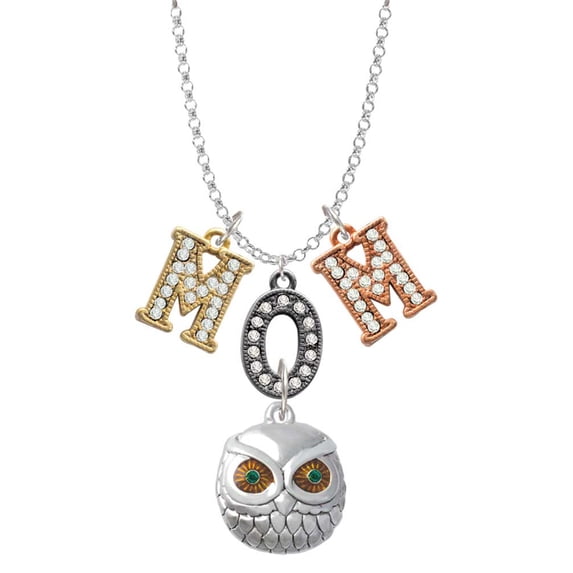 Delight Jewelry Silvertone Large Round Owl with Green Crystal Eyes Multi-Colored Crystal Mom Charm Necklace