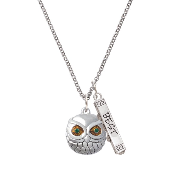 Delight Jewelry Silvertone Large Round Owl with Green Crystal Eyes Silvertone Best Friends Forever Bar Charm Necklace, 23"