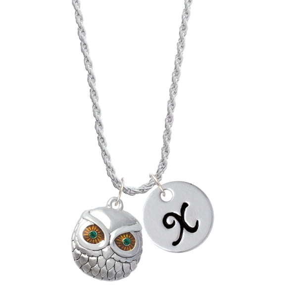 Delight Jewelry Silvertone Large Round Owl with Green Crystal Eyes Silvertone Script Initial Disc - X - Charm Necklace, 20"+3"