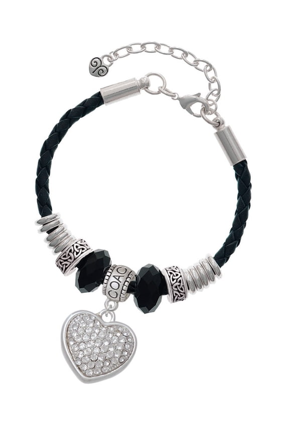 Silvertone Large Rounded Clear Oktant Crystal Heart Coach Celtic Knot Leather Bead Bracelet, 7"+2" Extender