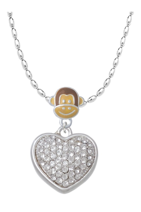 Silvertone Large Rounded Clear Oktant Crystal Heart Mia Monkey Charm Necklace