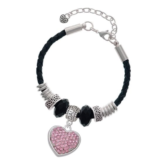 Delight Jewelry Silvertone Large Rounded Light Pink Oktant Crystal Heart Daughter Celtic Knot Leather Bead Bracelet, 7"+2" Extender