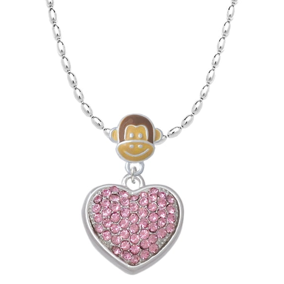 Delight Jewelry Silvertone Large Rounded Light Pink Oktant Crystal Heart Mia Monkey Charm Necklace