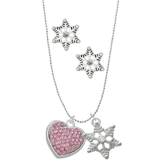 Delight Jewelry Silvertone Large Rounded Light Pink Oktant Crystal Heart Silver tone Snowflake Charm Necklace and Stud Earrings