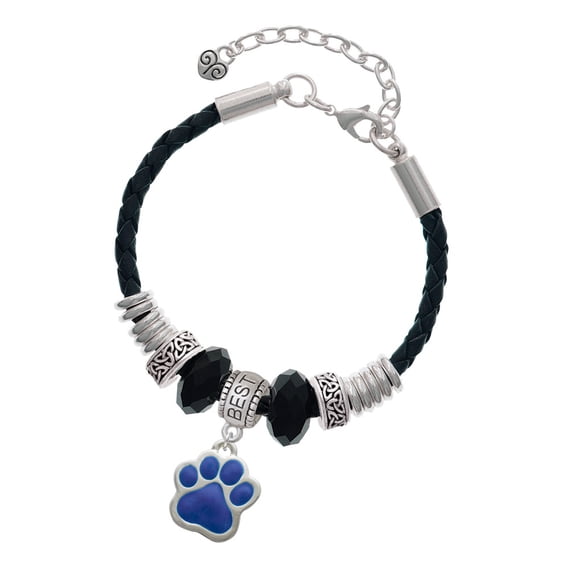 Delight Jewelry Silvertone Large Royal Blue Paw Best Friend Celtic Knot Leather Bead Bracelet, 7"+2" Extender