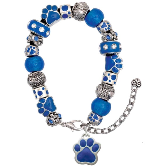 Delight Jewelry Silvertone Large Royal Blue Paw Blue Paw Print Bead Bracelet, 7"+2"