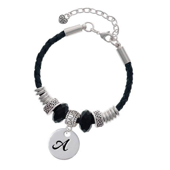 Delight Jewelry Silvertone Large Script Letter - A - 3/4'' Disc - Daughter Celtic Knot Leather Bead Bracelet, 7"+2" Extender
