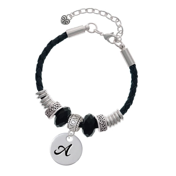Delight Jewelry Silvertone Large Script Letter - A - 3/4'' Disc - Mom Celtic Knot Leather Bead Bracelet, 7"+2" Extender