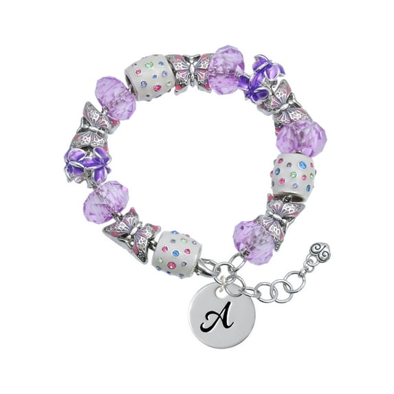 Delight Jewelry Silvertone Large Script Letter - A - 3/4'' Disc - Purple Butterfly Bead Charm Bracelet, 7"+1" Extender