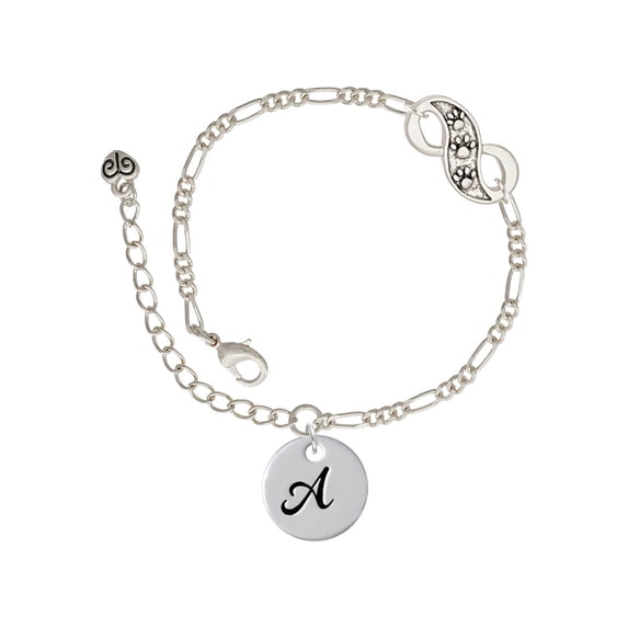 Delight Jewelry Silvertone Large Script Letter - A - 3/4'' Disc - Silver-tone Paw Infinity Link Chain Bracelet, 6"+2" Extender