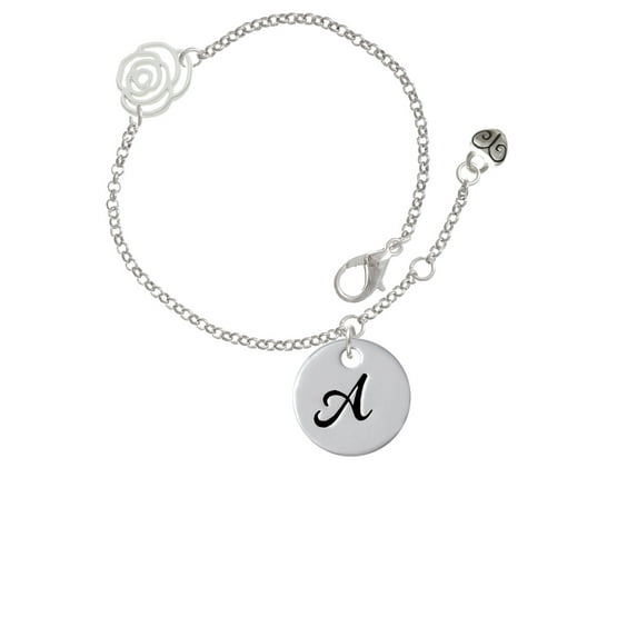 Delight Jewelry Silvertone Large Script Letter - A - 3/4'' Disc - Silver-tone Rose Link Chain Bracelet, 6.25"+1.75" Extender