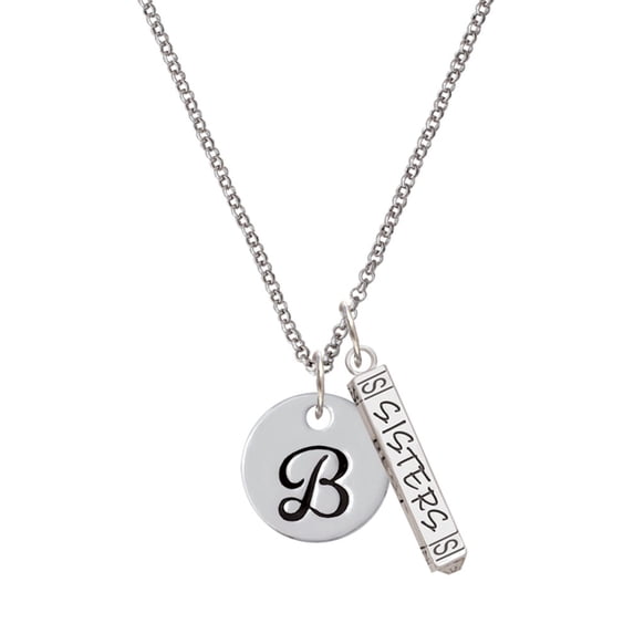 Delight Jewelry Silvertone Large Script Letter - B - 3/4'' Disc - Silvertone Sisters Best Friends Forever Bar Charm Necklace, 23"