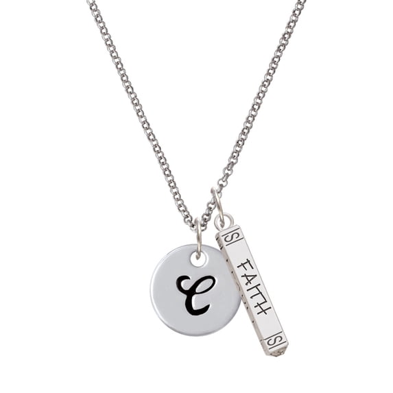 Delight Jewelry Silvertone Large Script Letter - C - 3/4'' Disc - Silvertone Believe Faith Prayer Hope Bar Charm Necklace, 23"