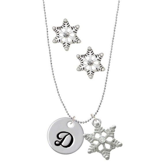 Delight Jewelry Silvertone Large Script Letter - D - 3/4'' Disc - Silver tone Snowflake Charm Necklace and Stud Earrings